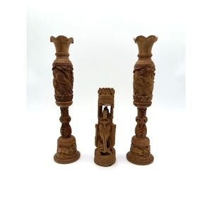 Pair Hand Carved‎ Wooden Flower Bud Vase Elephants Lions Home Garden Decor Art
